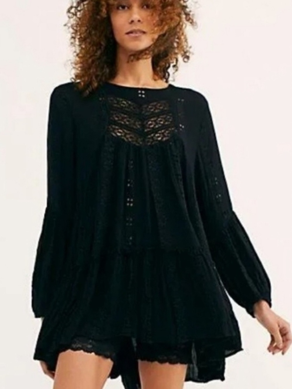 0116. Free People Kiss Kiss Black Lace Yoke Tiered Long-Sleeve Tunic